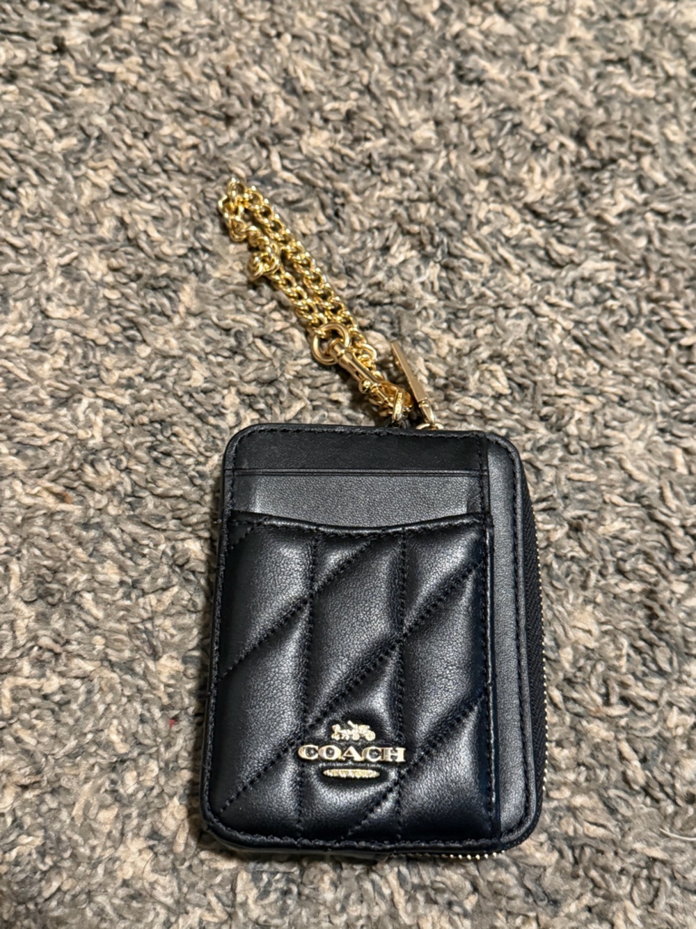 Coach Black Quilted Leather Zip Card Case with Gold Hardware